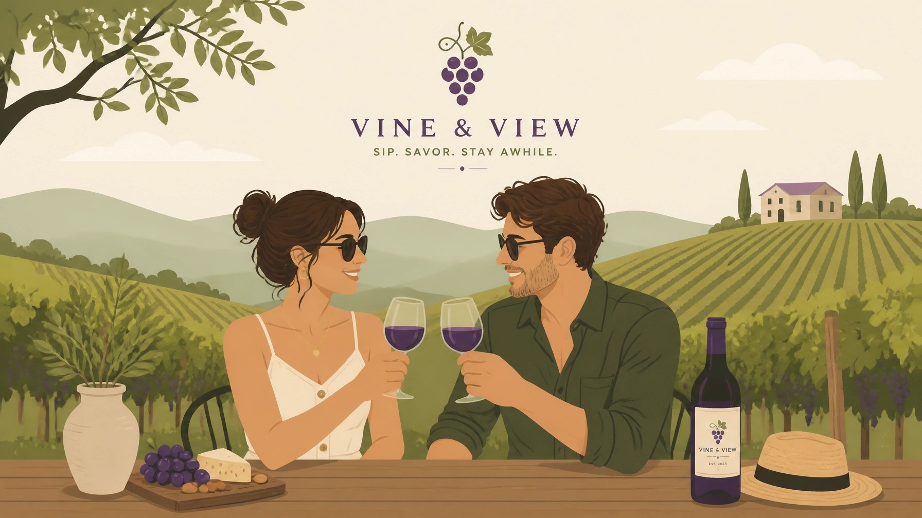 Flat illustration of a romantic couple sitting at a sunlit vineyard holding wine glasses