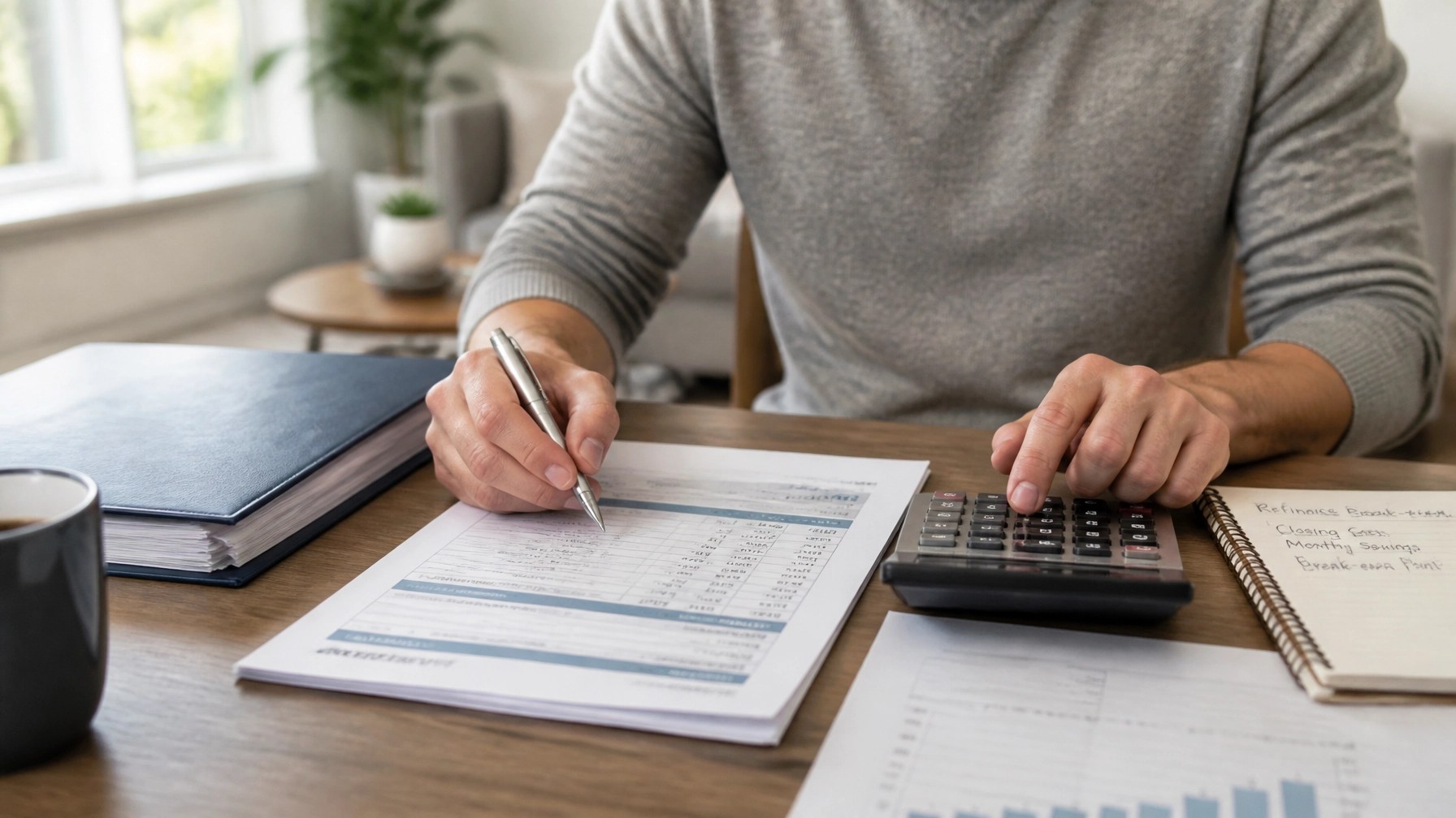 Homeowner organizing a mortgage refinance break-even calculation with a calculator and loan folder