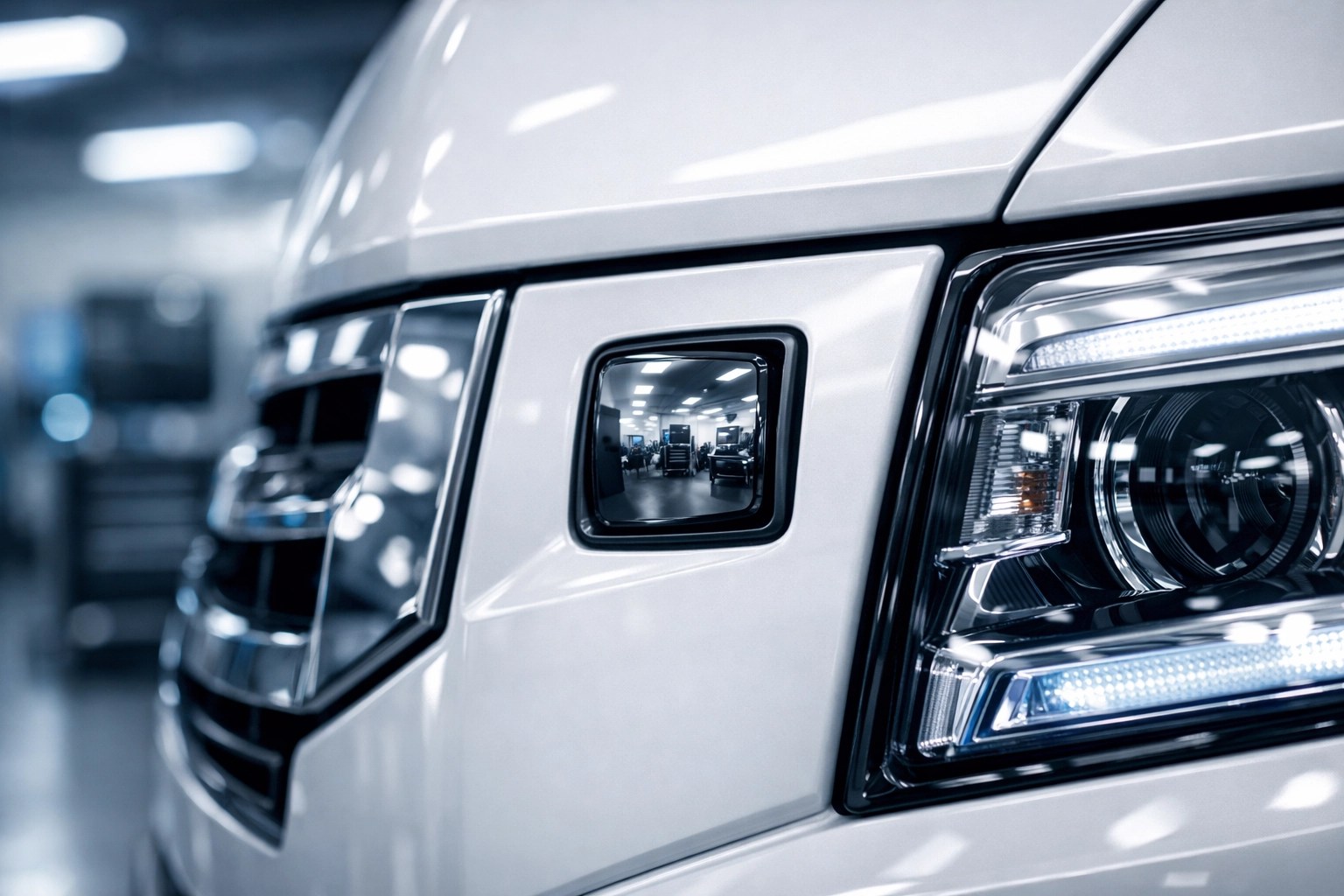 Modern commercial truck ADAS sensor lens in a professional workshop highlighting high-tech repair costs.