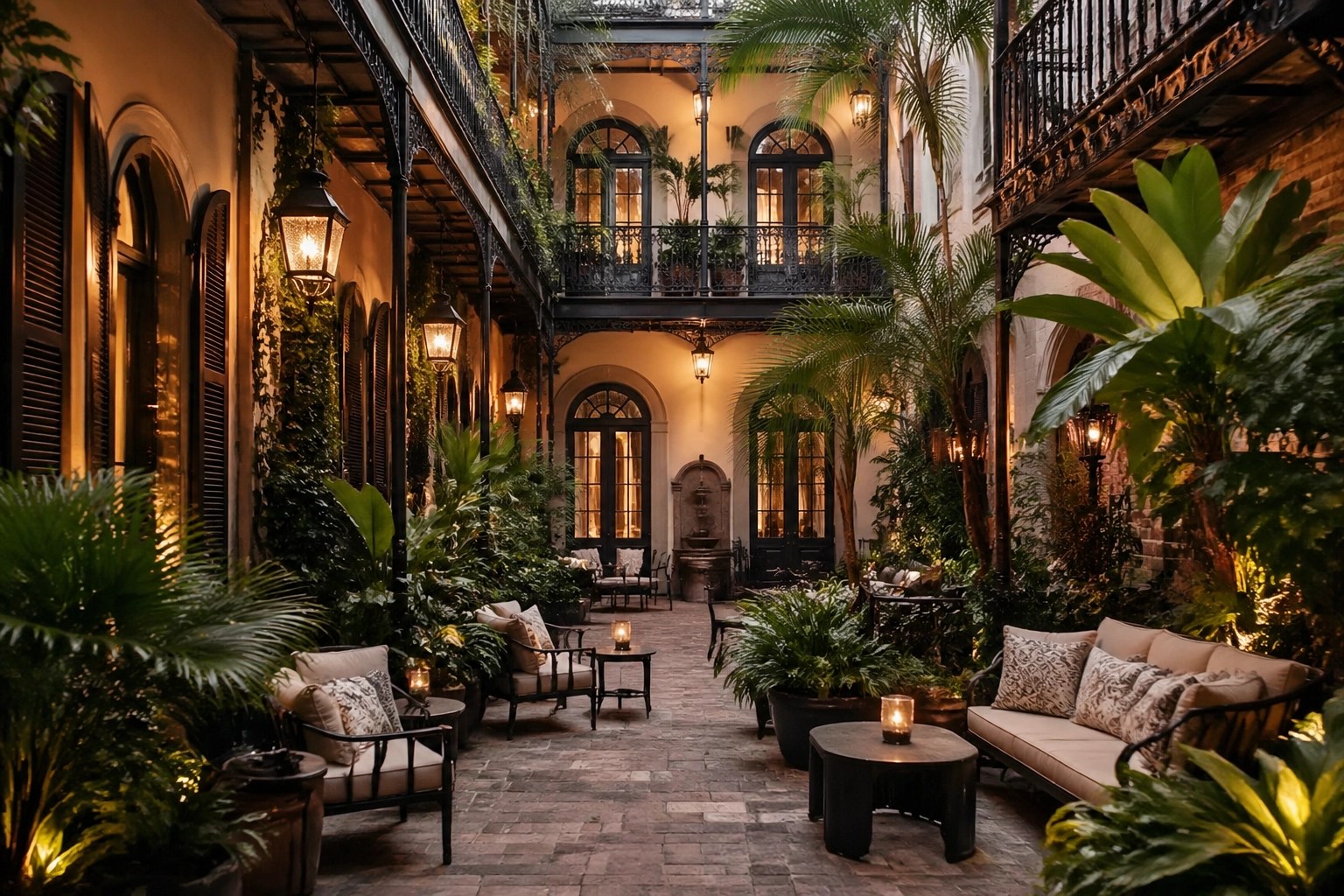 Luxury boutique hotel courtyard in the French Quarter with elegant balconies and tropical plants.