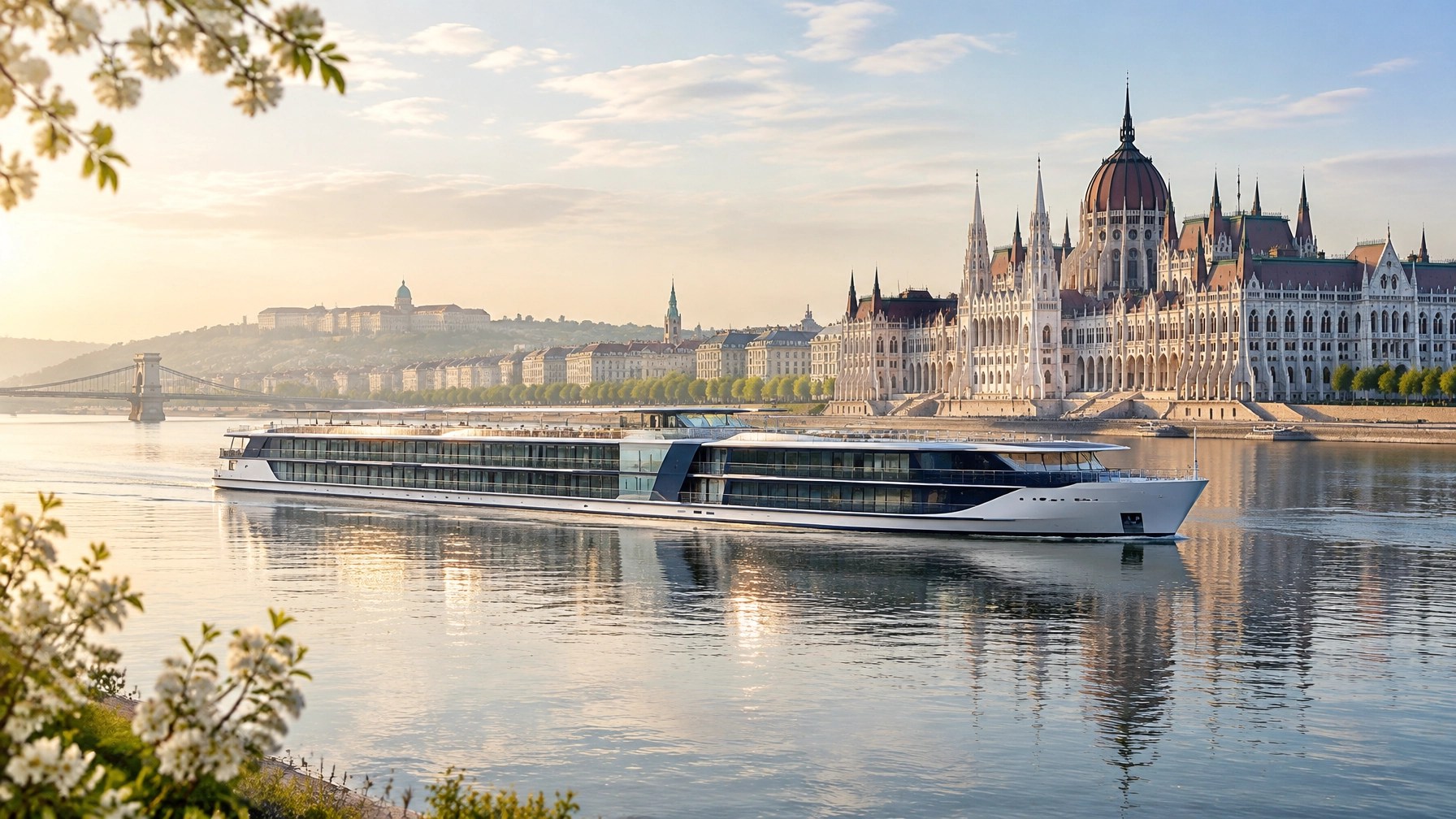 A river cruise ship sailing along the Danube near elegant riverside architecture