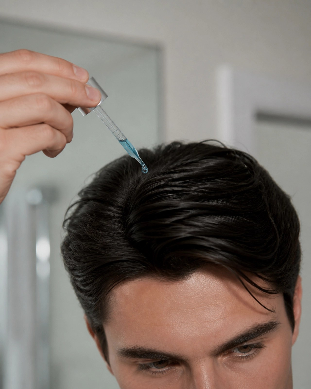 A close-up shot of a person applying blue peptide serum to the scalp
