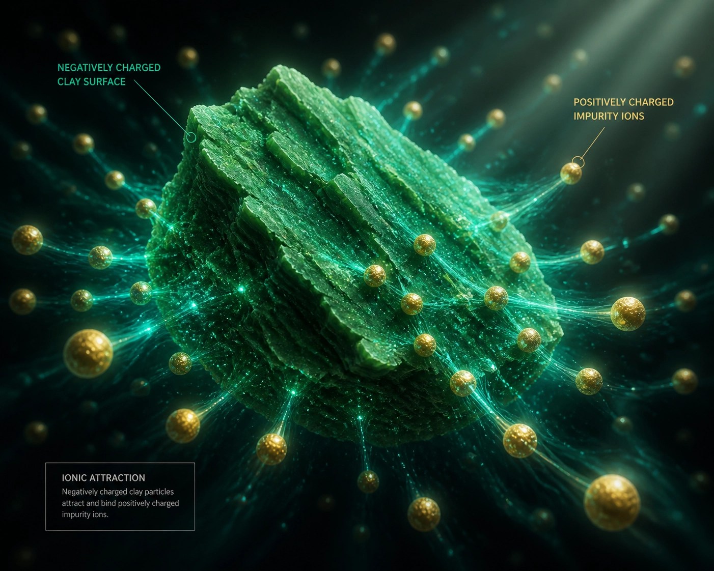 Microscopic visualization of green clay using a negative ionic charge to draw out deep-seated toxins.