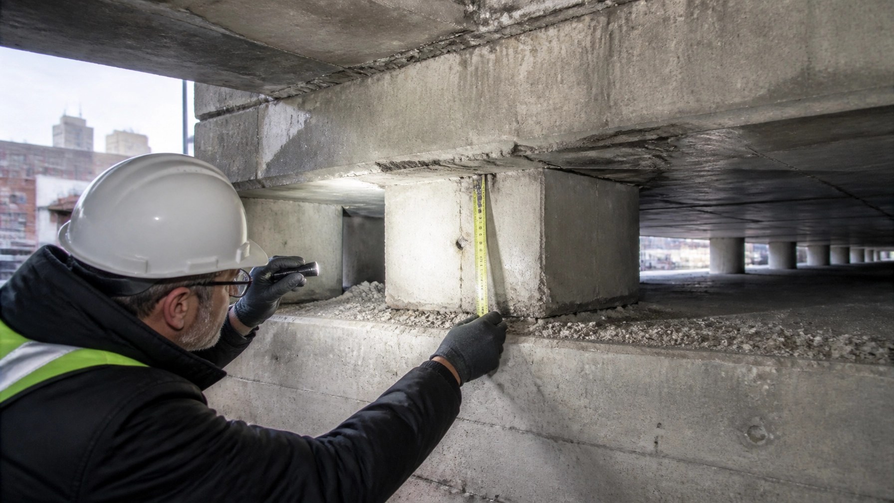 Structural engineer inspecting reinforced concrete columns, beams, slabs, and foundation connections at a Newark condominium