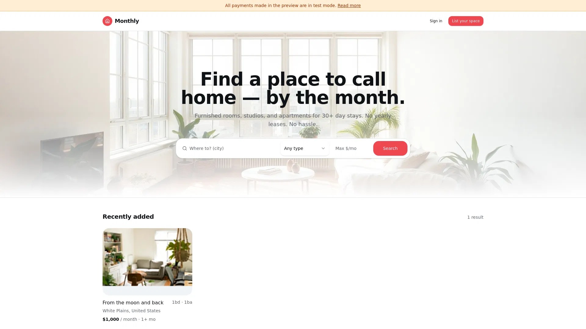 The Monthly platform interface showing an easy way to list extra space and connect with guests.