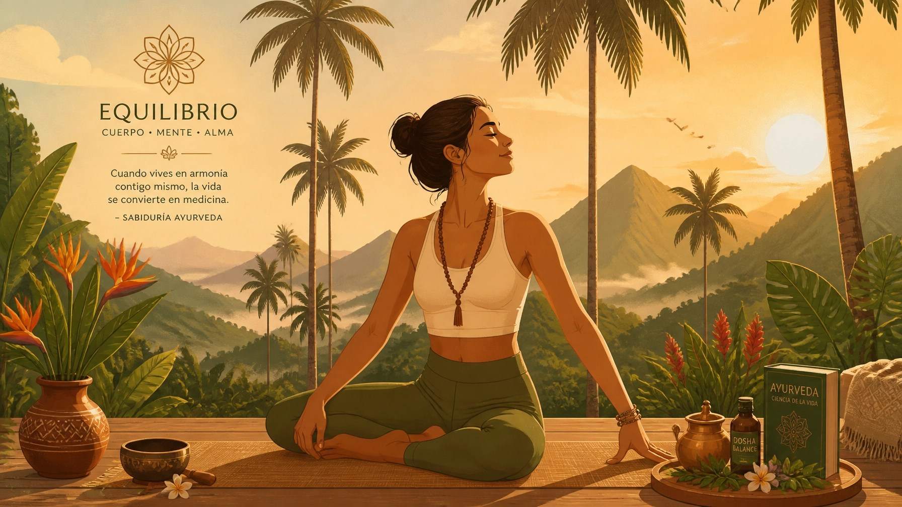 Persona practicando yoga y meditación en un entorno natural colombiano al atardecer