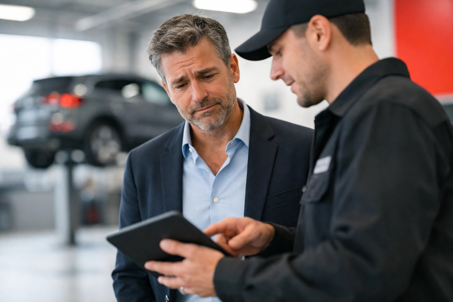 A business leader discussing vehicle repairs at a dealership, symbolizing the cost of ignoring operational issues.