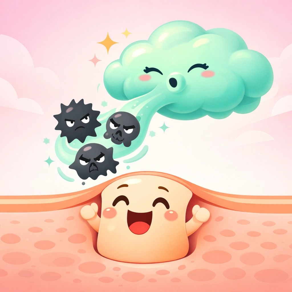 Cartoon illustration of bentonite clay detoxifying skin pores during the transition to natural deodorant.