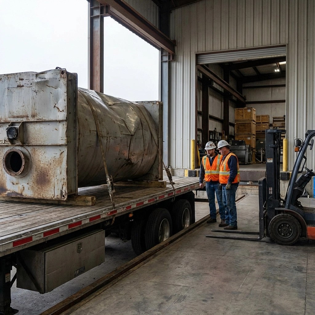 Damaged industrial machinery on a flatbed trailer highlighting risks in oversize load transport