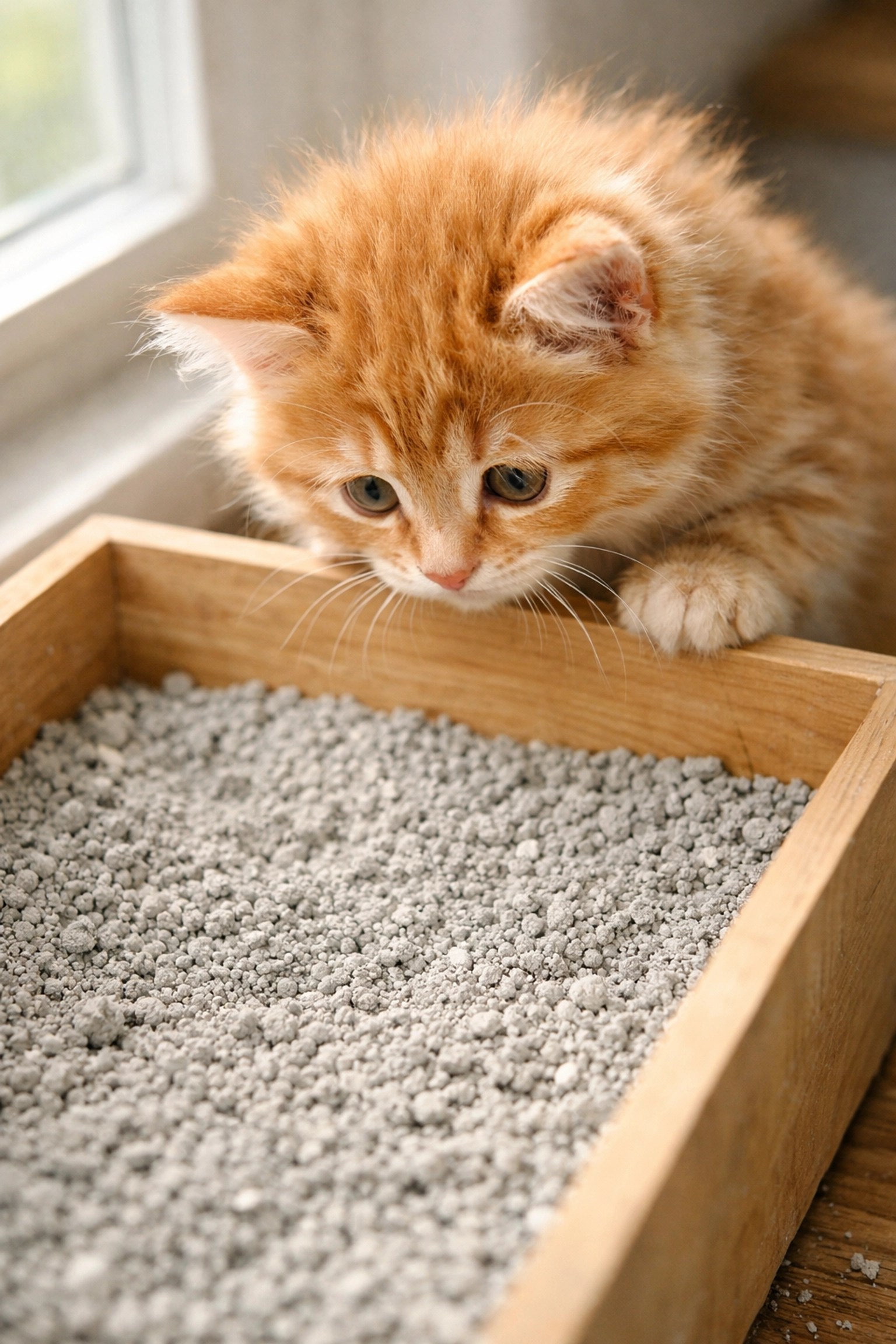 Curious ginger kitten looking at bentonite clay litter, highlighting pet safety and ingestion risks.