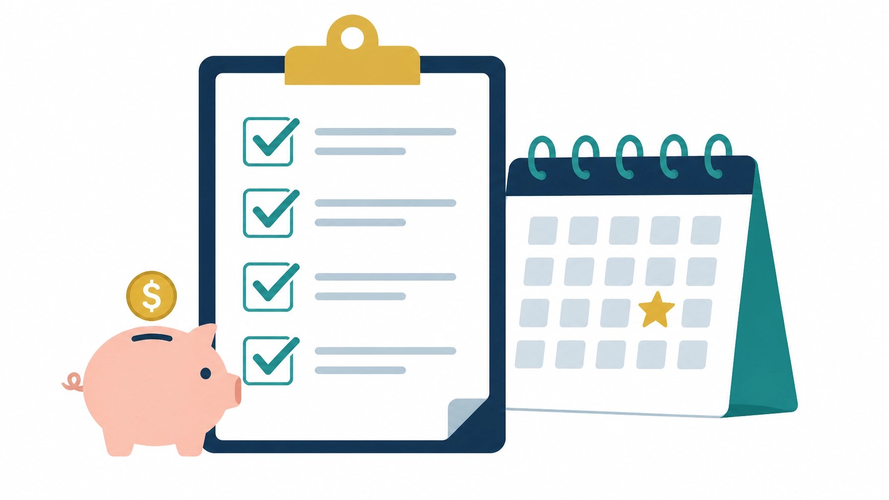 Checklist-style illustration with a clipboard, calendar, and piggy bank representing annual benefits renewal planning