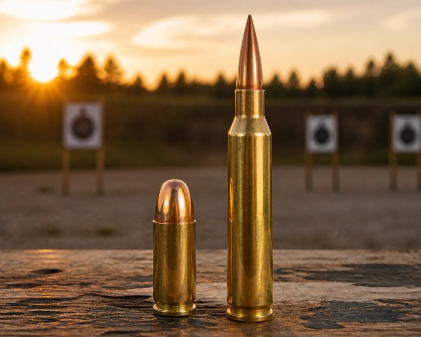 Side-by-side comparison of a 9mm Parabellum cartridge and a 5.56 NATO rifle round on a bench.