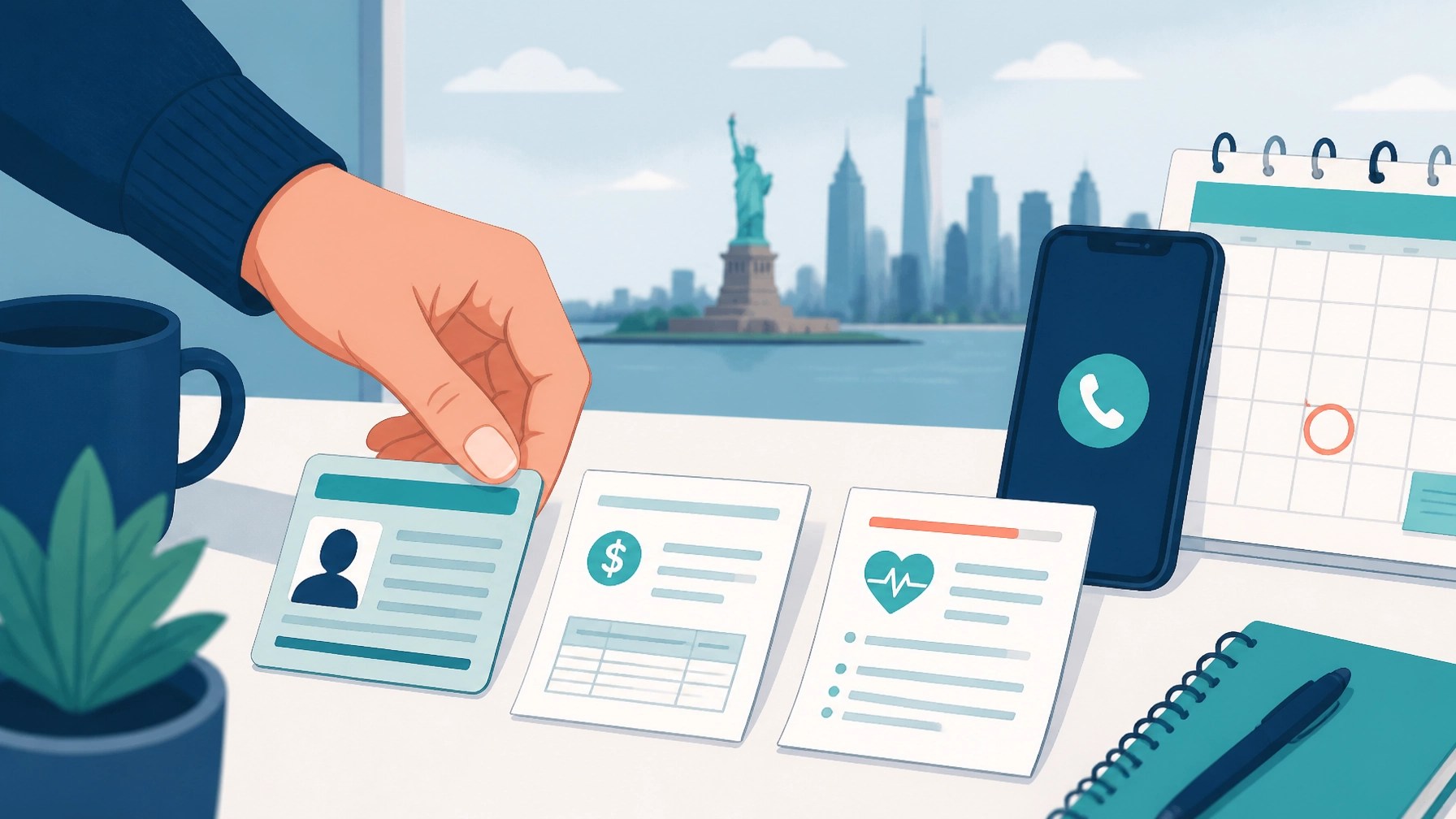New York resident organizing an identity card, income document, and health plan notice before enrollment