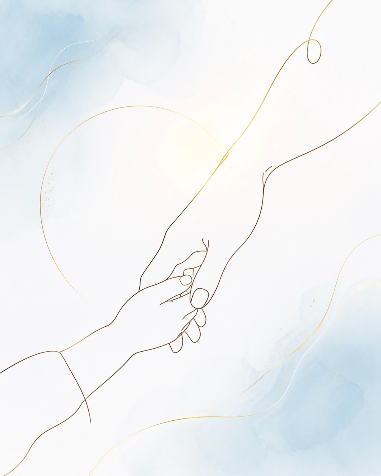 Minimalist fine-line illustration of a mother's hand gently holding a child's hand, symbolic of grace-filled support.