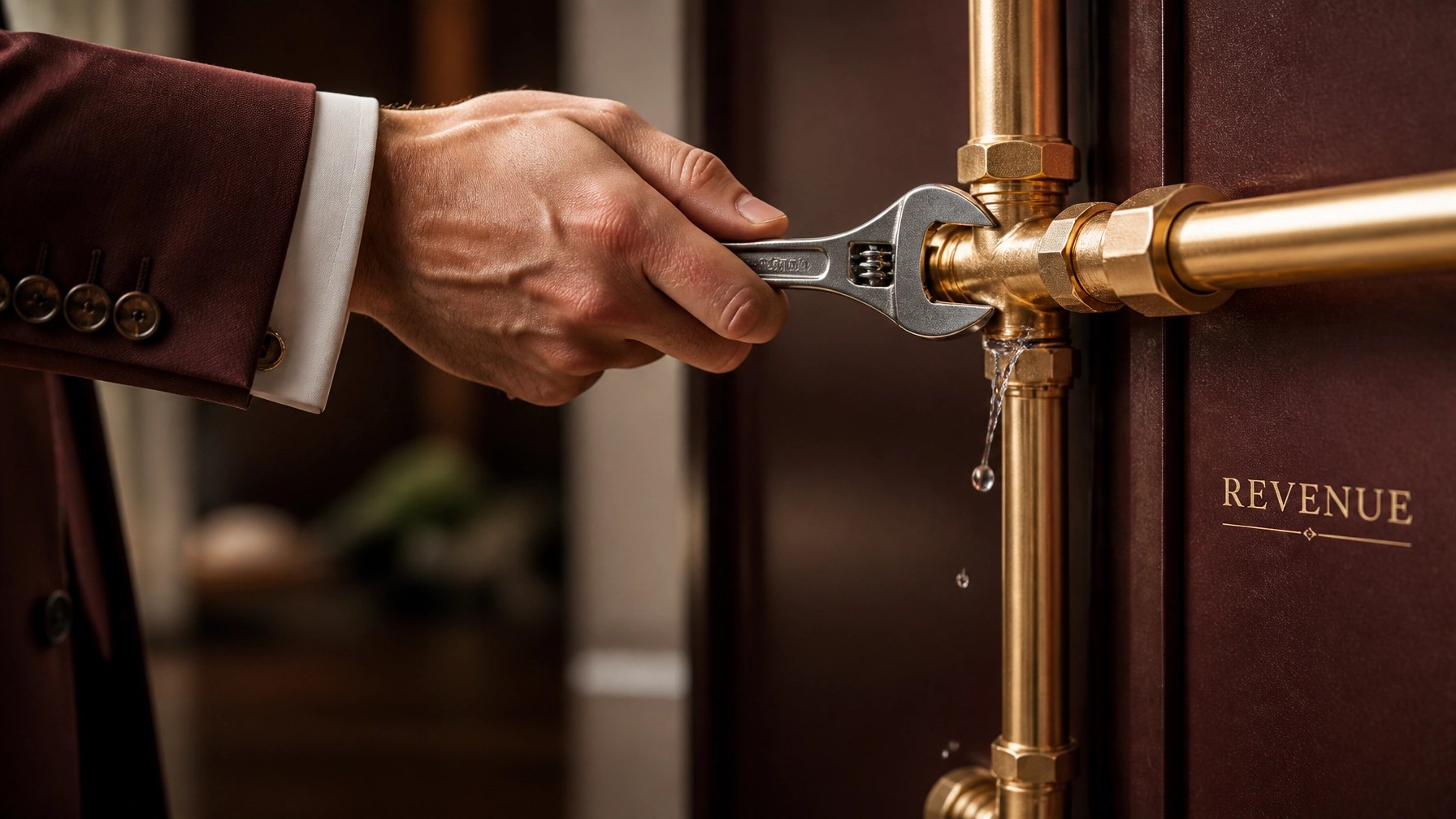 A hand in a tailored suit sleeve using a wrench to tighten a golden pipe fitting, symbolizing fixing revenue leaks.