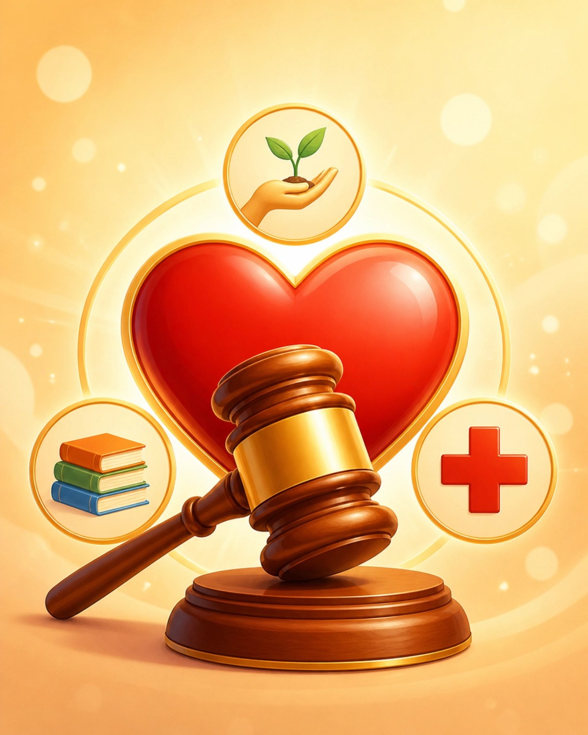 A warm and inviting illustration representing charity support through auctions with a gavel and heart icons