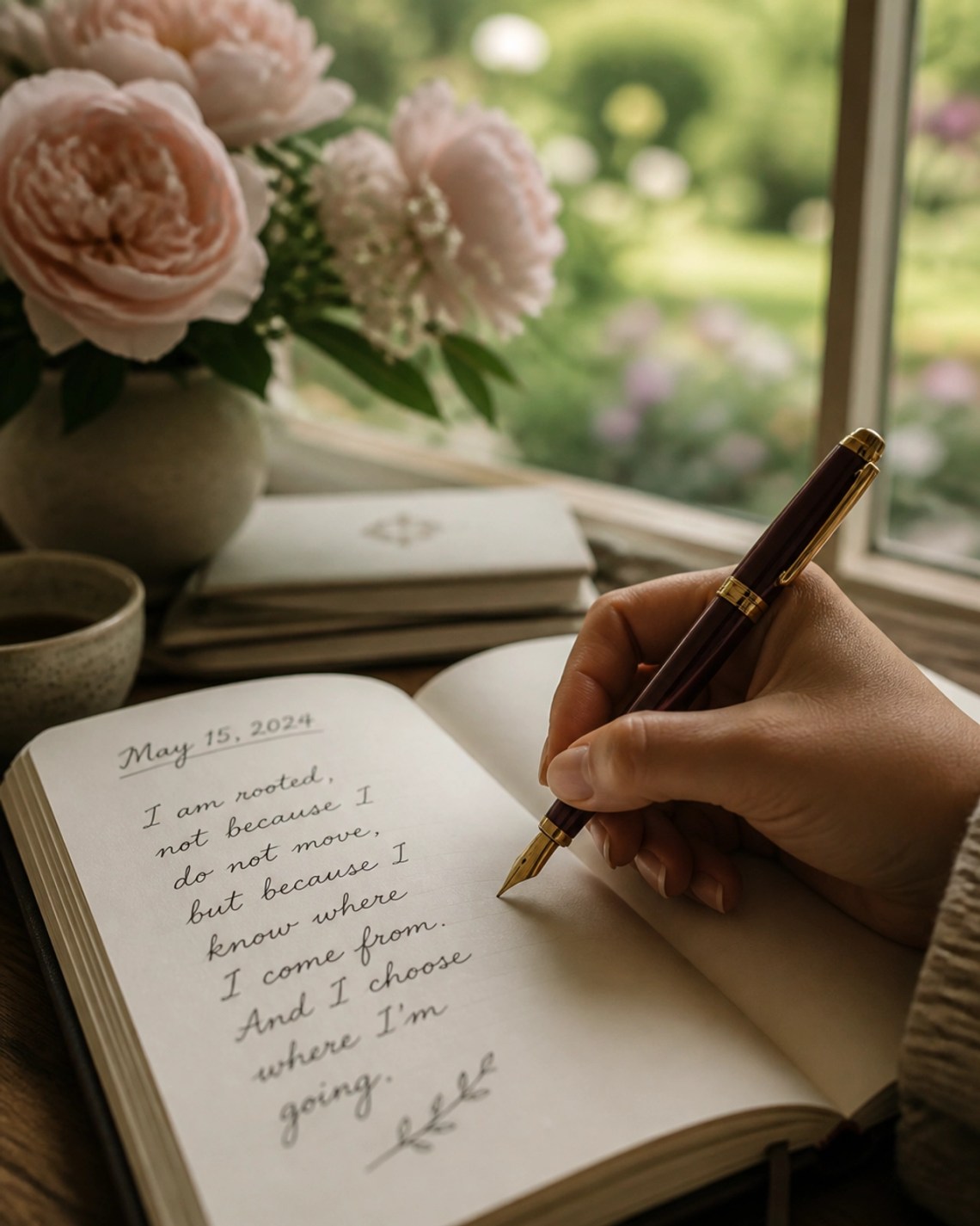 A hand writing in a faith journal, focusing on the intimate connection between the soul and God.