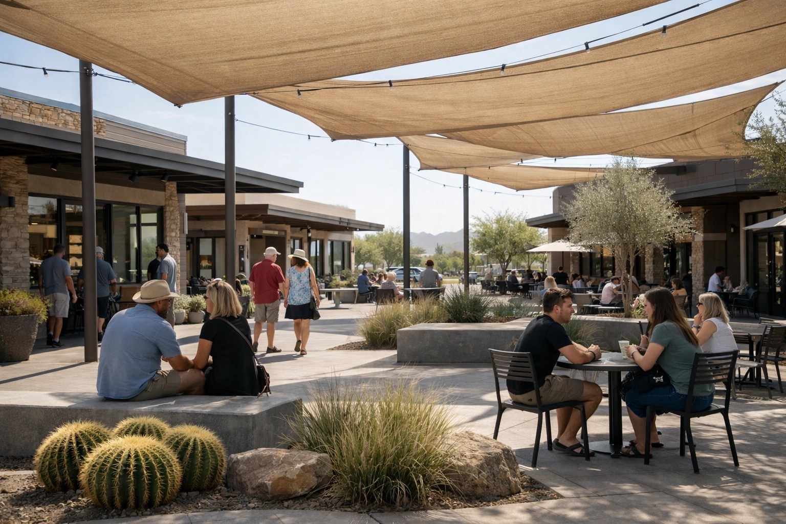 Neighbors gathering at a modern shaded outdoor plaza in a new Casa Grande community hub.