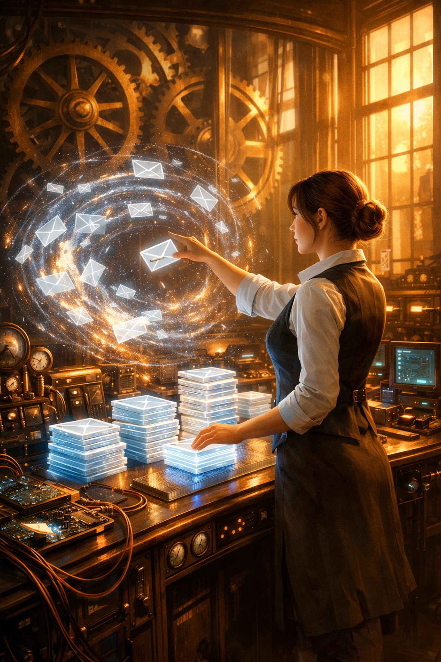 Executive assistant Eva organizing digital emails and repair tasks in a clockwork-themed tech workshop environment.