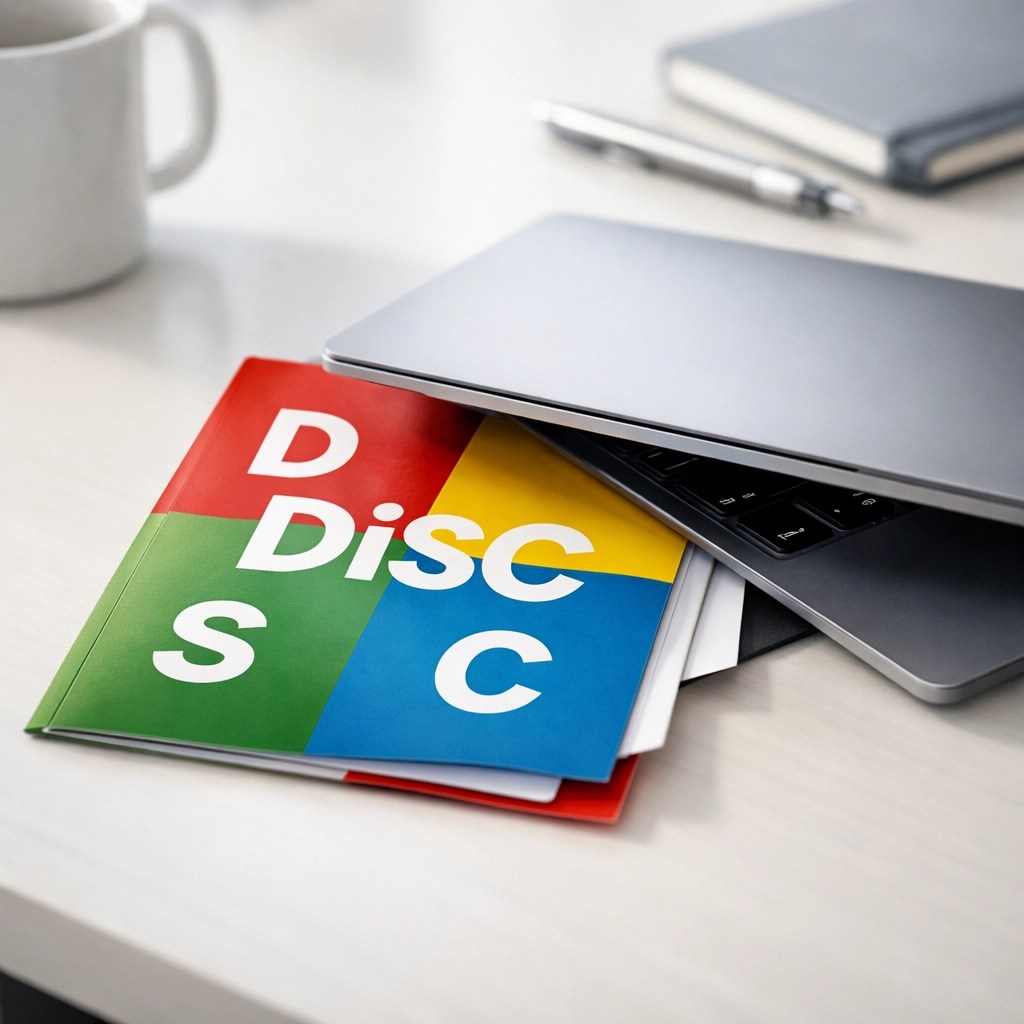 A DiSC personality assessment folder left unused on a minimalist office desk, showing team training gaps.