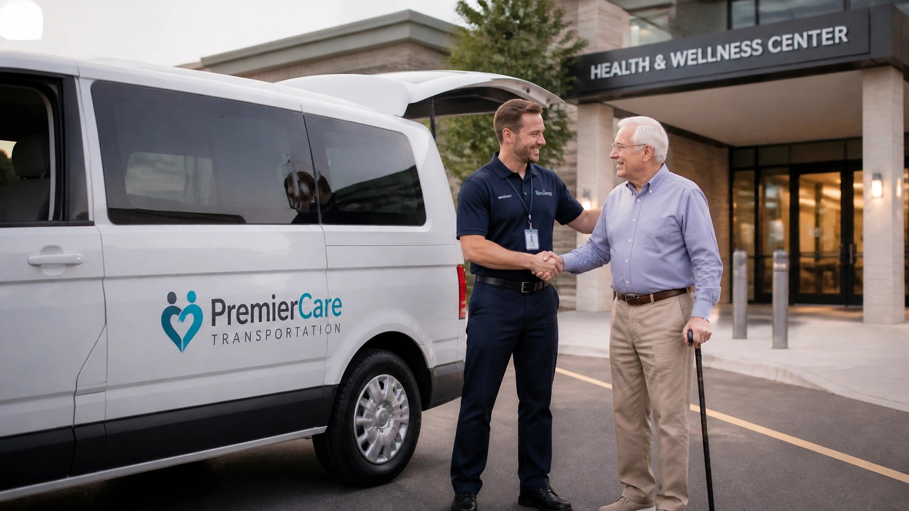 A clean, modern medical transportation vehicle and professional driver greeting a patient.