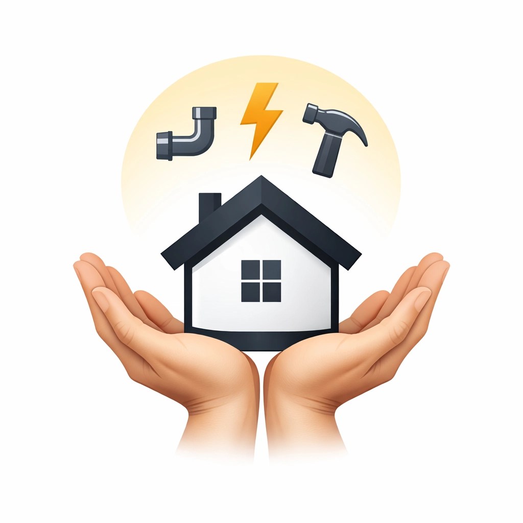 Single-vendor construction services graphic showing integrated plumbing, electric, and building trades.