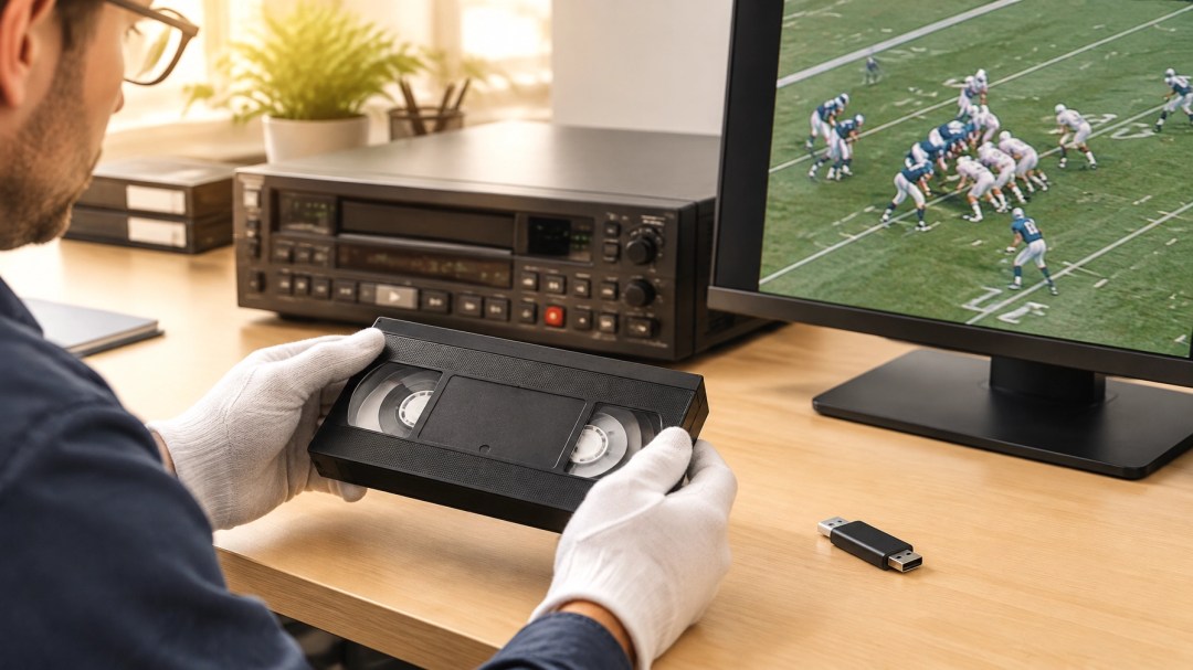 A VHS tape at a clean video transfer workstation, with a flash drive nearby