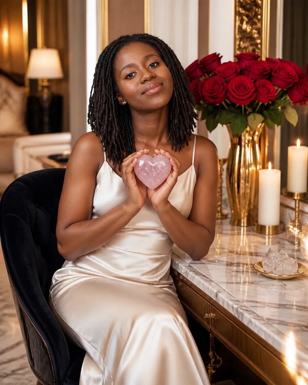 Poised woman holding rose quartz at her heart in a gold-accented room for feminine energy and dating advice for women