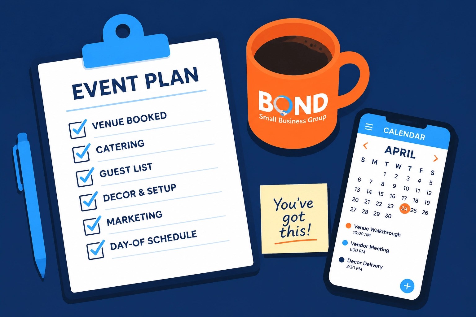 A flat, minimalist illustration of a planning desk with a checklist, coffee, and a calendar in navy and orange.