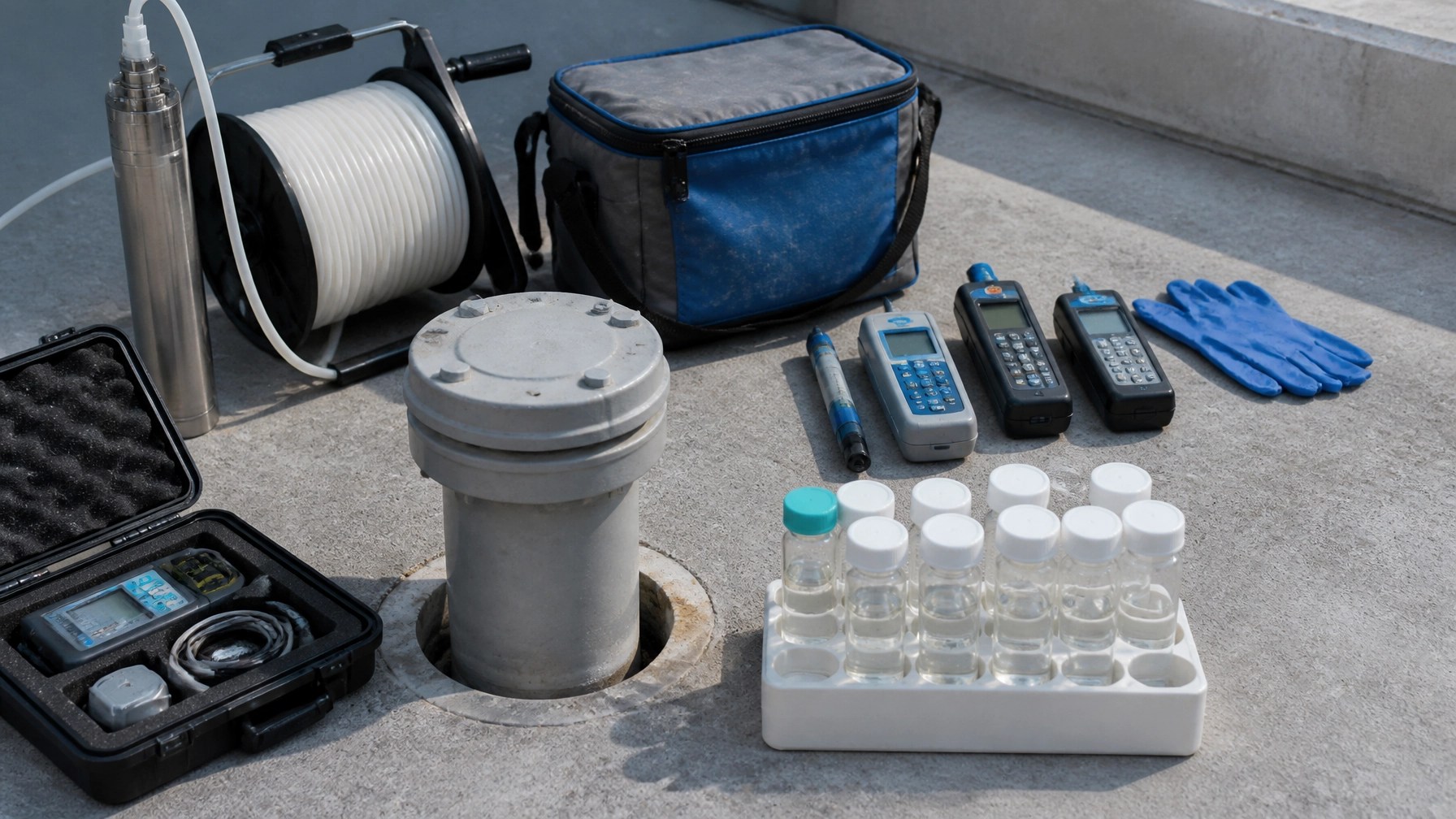 Groundwater sampling equipment, monitoring well cap, sample vials, and field testing instruments