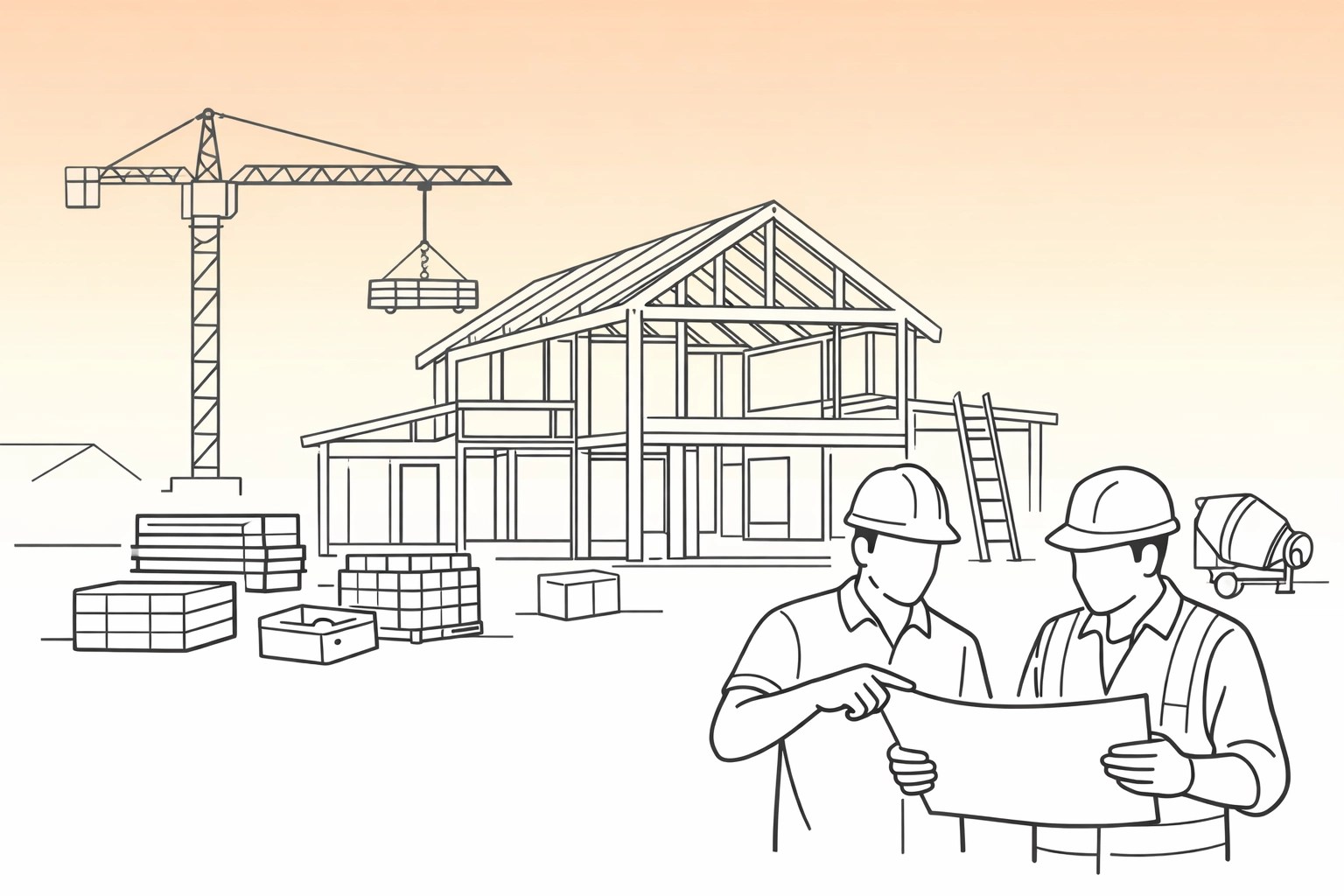 Construction workers reviewing custom home building plans on construction site