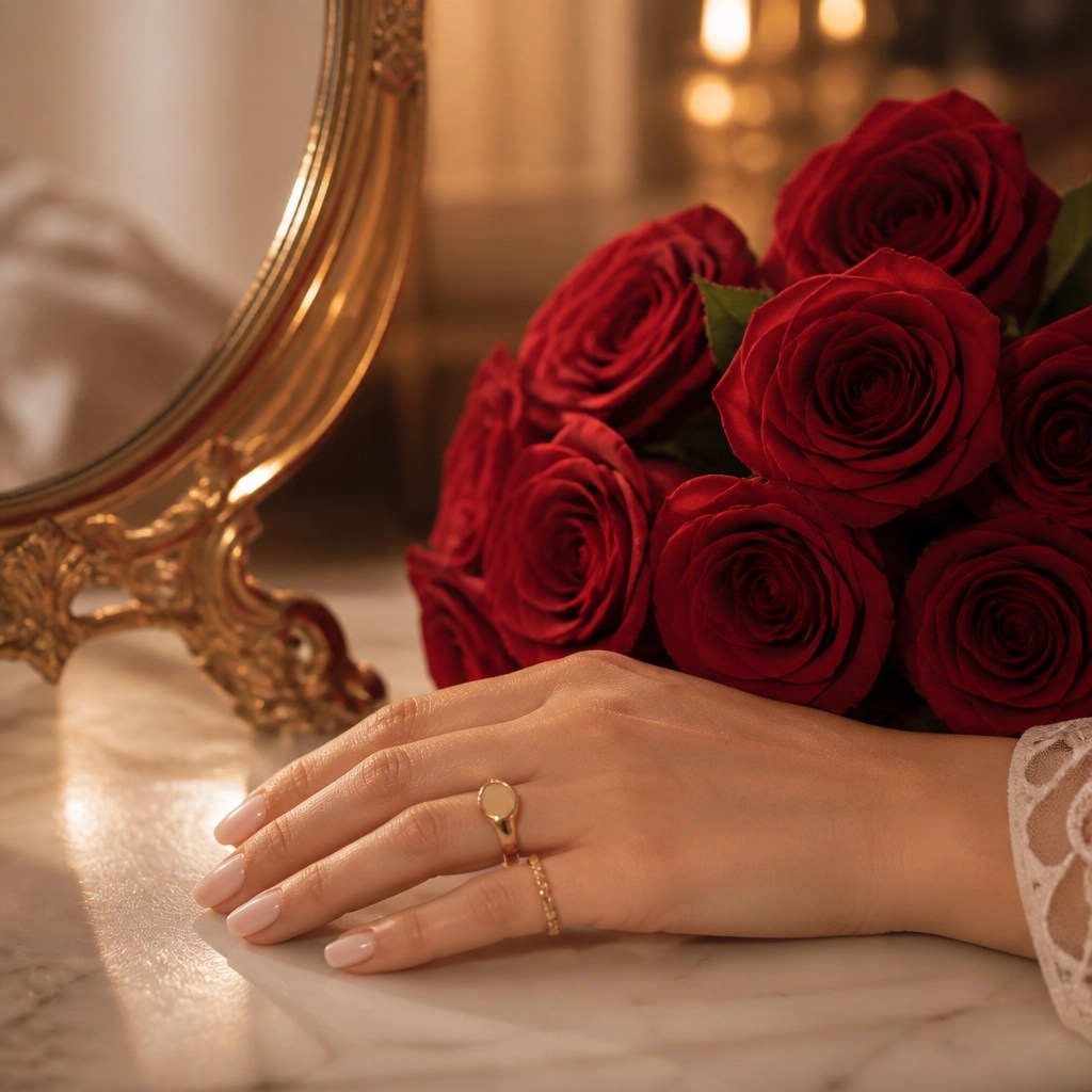 A close-up of a woman's hand with gold rings and a bouquet of red roses, symbolizing the luxury and abundance of soul-aligned love.
