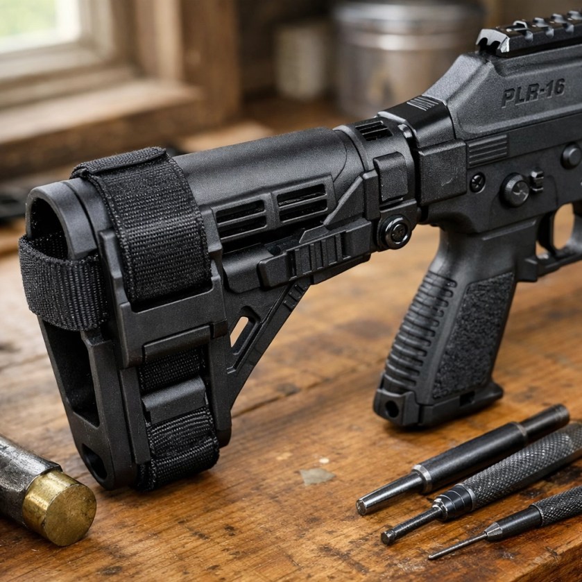 Stabilizing arm brace adapter attached to Kel-Tec PLR-16 on workbench