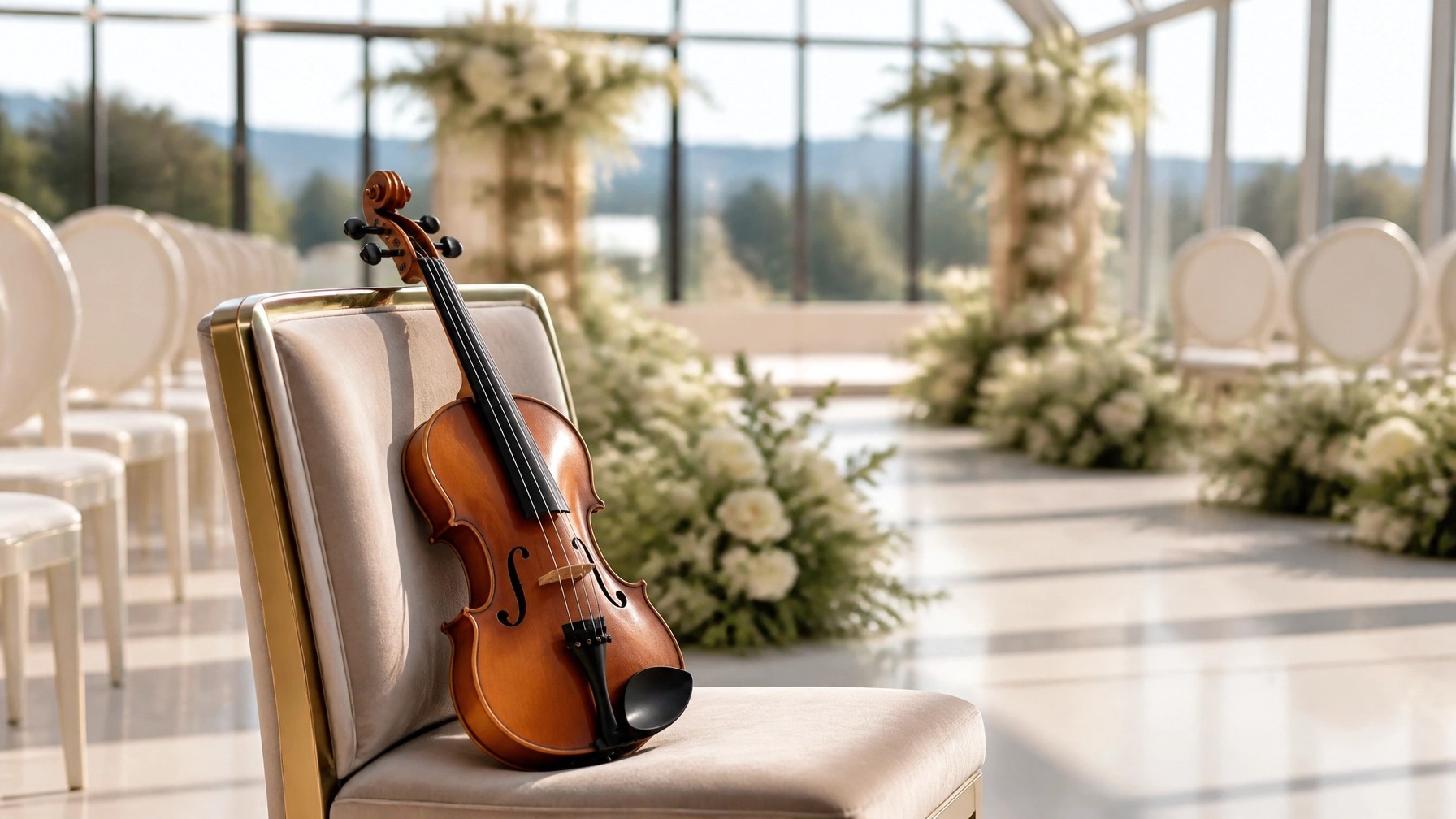 A sleek, polished violin resting in a luxury glass conservatory, capturing the essence of modern elegance.