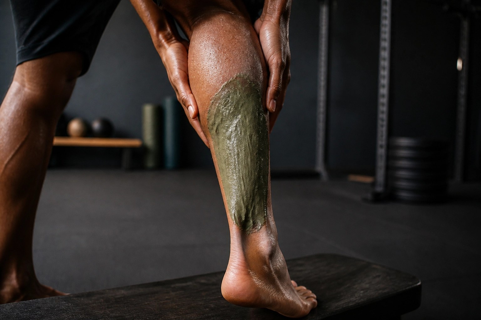 Athlete using a green clay poultice on their calf for sports recovery and muscle inflammation.