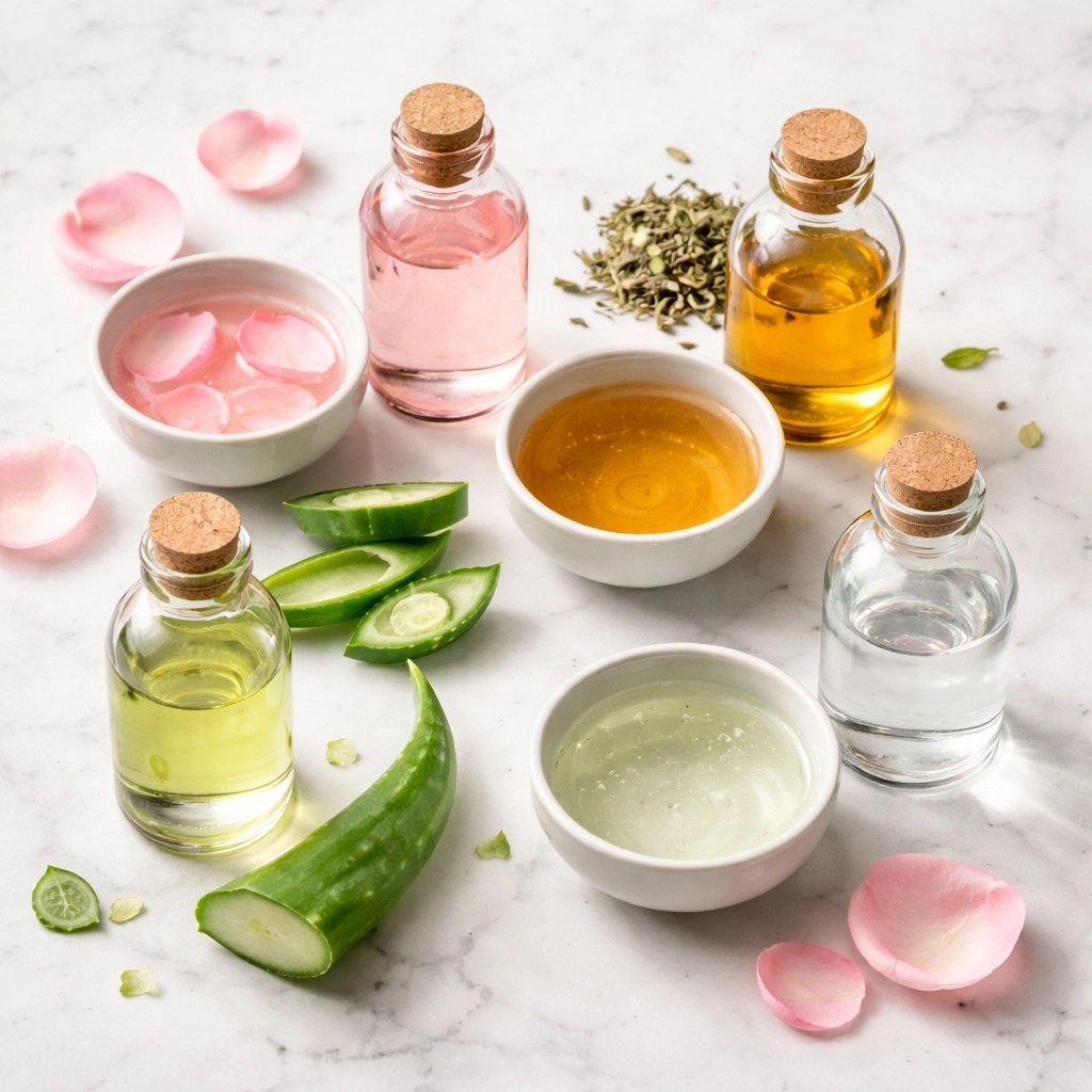 Flat lay of natural liquids like rosewater and aloe vera juice for customizable green clay face masks.