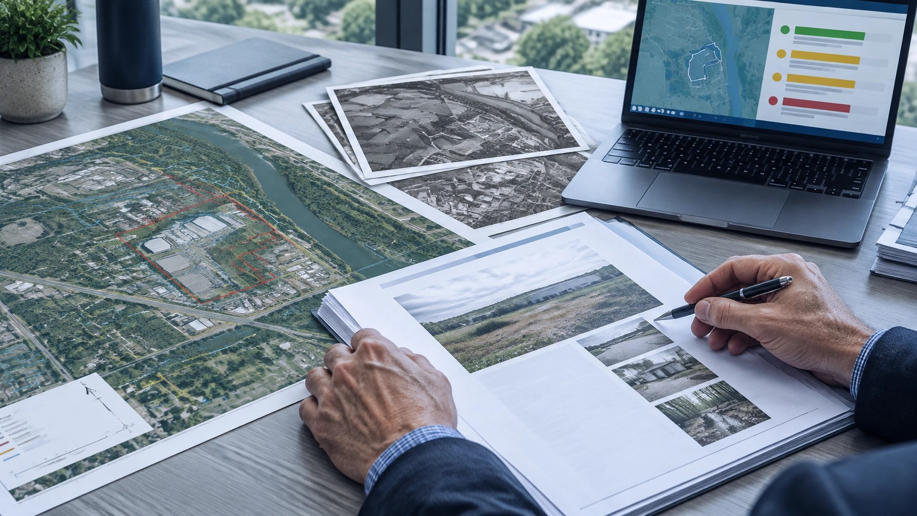 Senior environmental engineer reviewing a lender-ready Phase I ESA package beside a GIS property map and historical land-use photographs