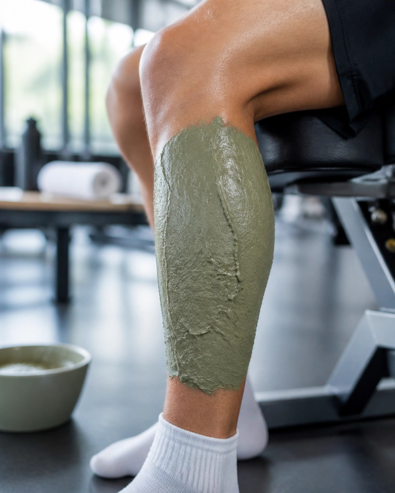 Athlete applying a green clay poultice to a sore muscle