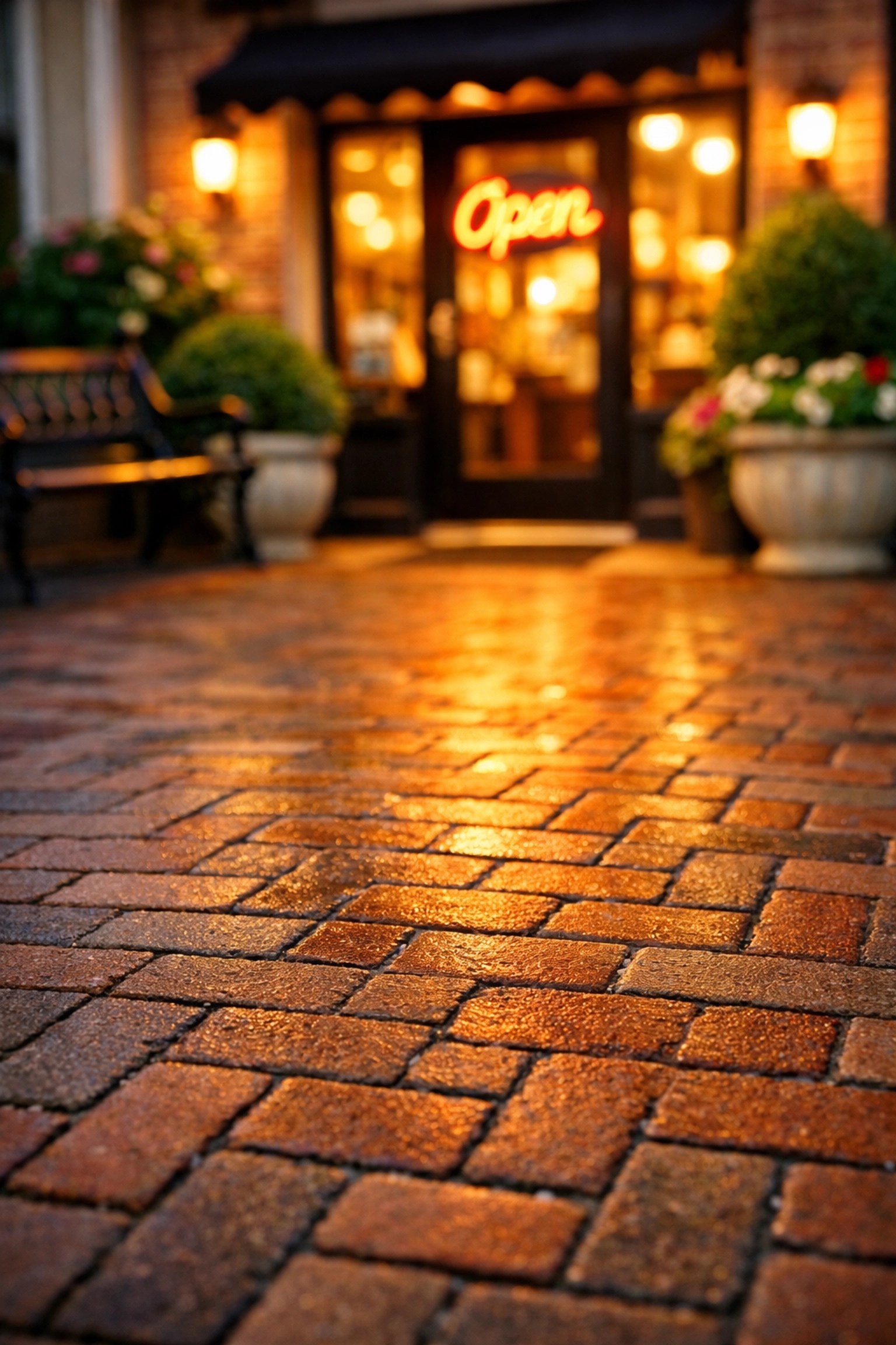A safe and well-lit brick walkway at an Alpharetta storefront, demonstrating proper premises safety care.