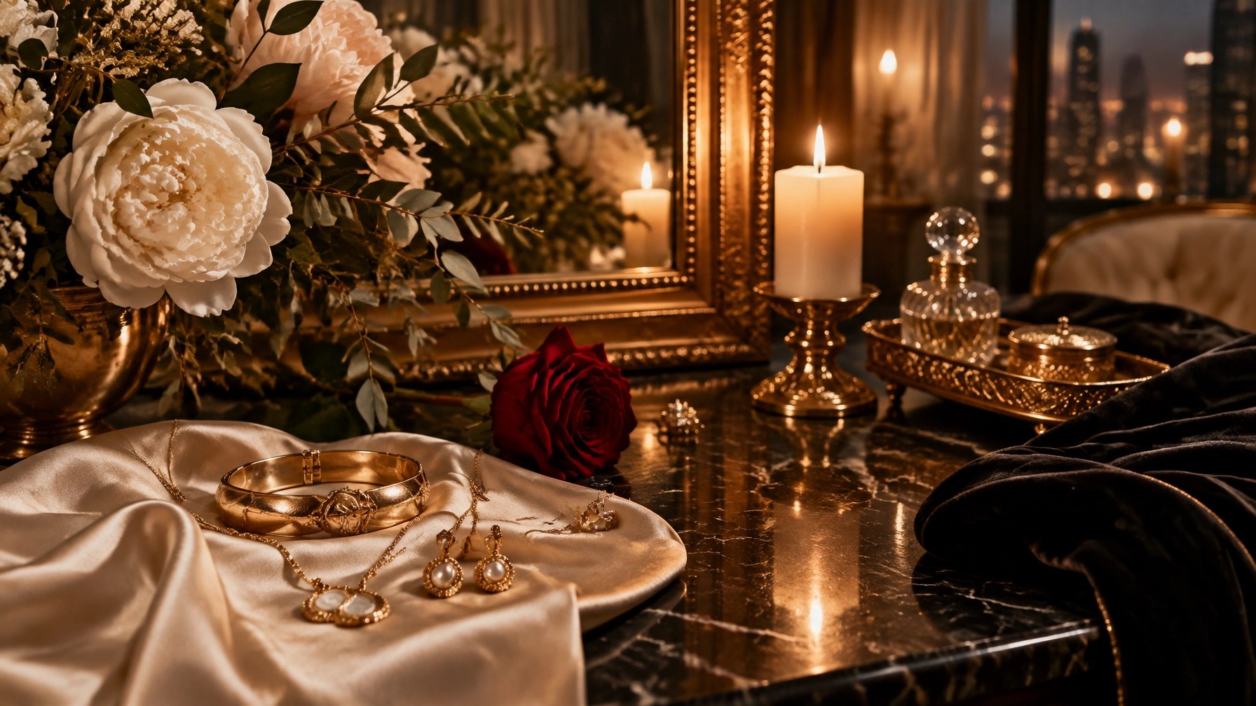 Gold jewelry, peonies and a single red rose on a marble vanity in candlelight — feminine energy, manifesting love and dating advice for women