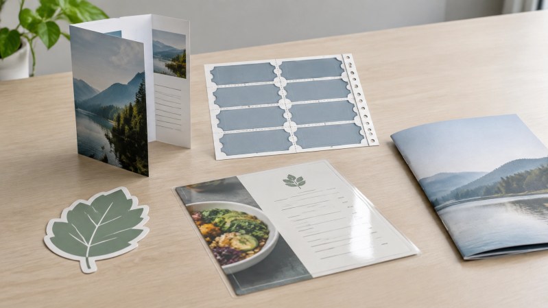 Printed samples showing folds, perforation, die cuts, lamination, and booklet setup