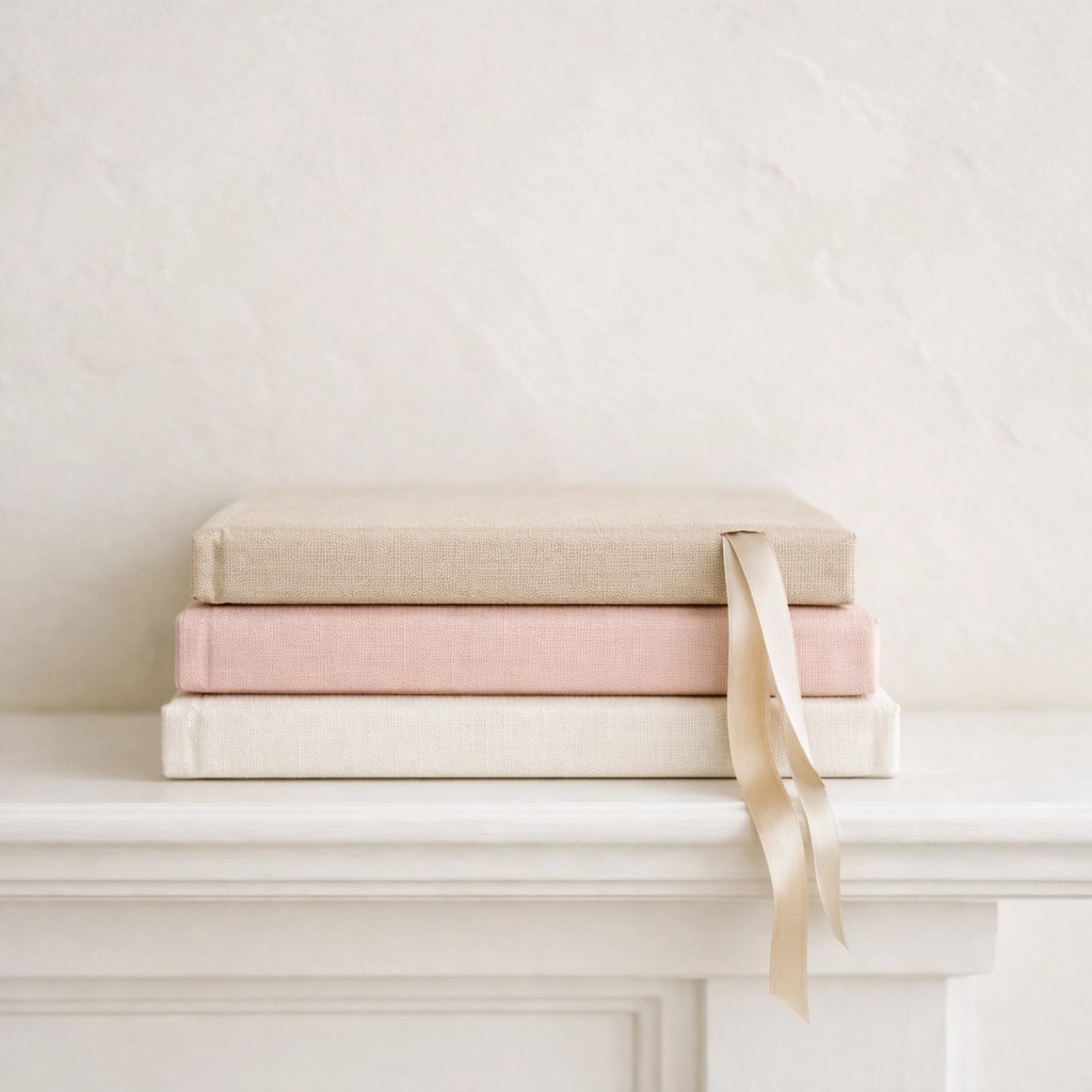 Stack of elegant fabric-bound journals on a mantelpiece representing a generational spiritual legacy.