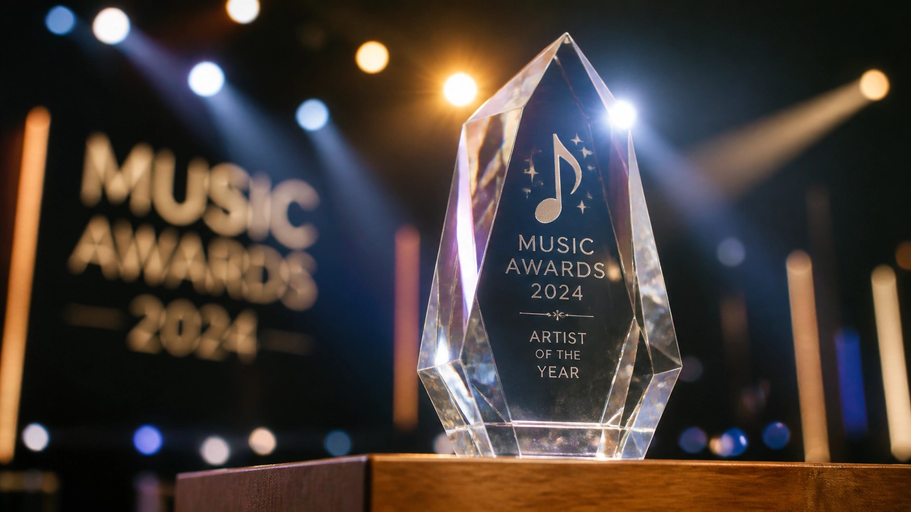 A close-up of a sleek crystal ISSA award trophy on a podium, symbolizing the achievement of independent artists.