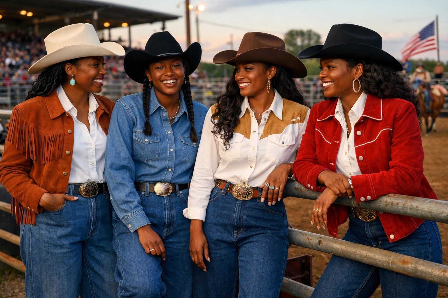 Black woman in stylish baggy jeans and a chic blouse wearing classic Western boots at a vibrant rodeo arena.
