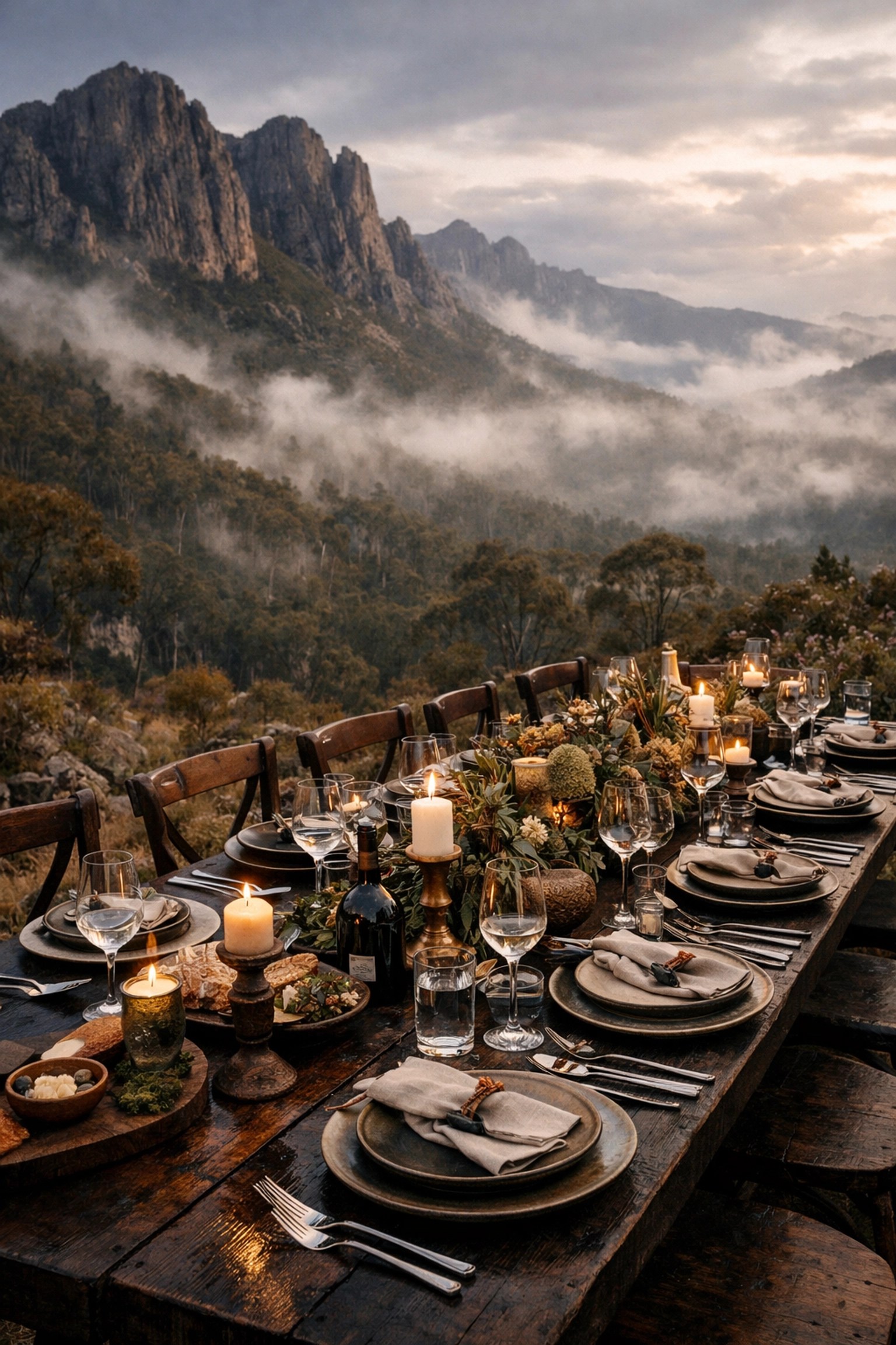 Elegant outdoor farm-to-table dining table set on a rugged Tasmanian hillside with a view of misty mountains.