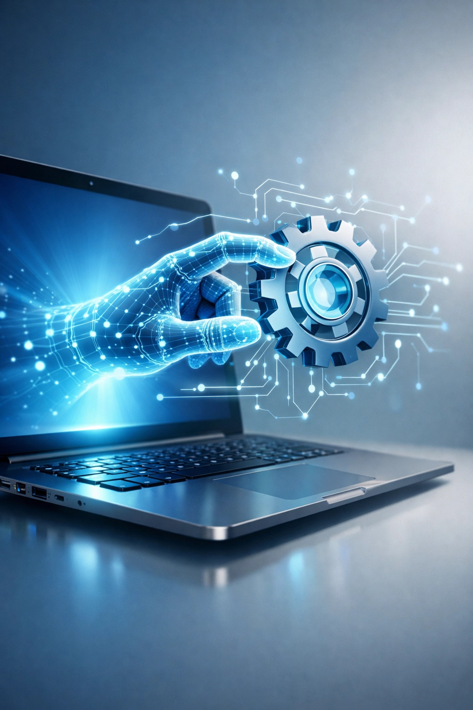 Conceptual illustration of remote IT support fixing technical issues through a laptop screen in real-time.