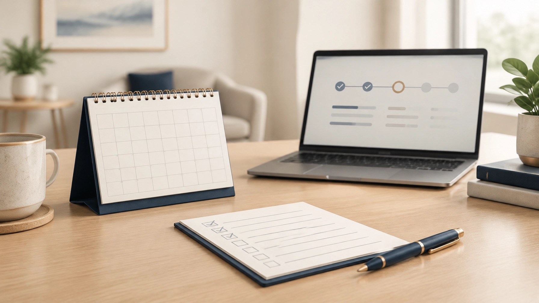 A blank calendar, checklist, and laptop representing proactive authorization renewal tracking