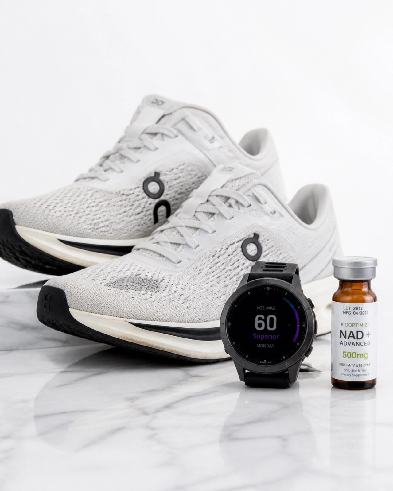 Running shoes and a supplement vial symbolizing endurance and performance