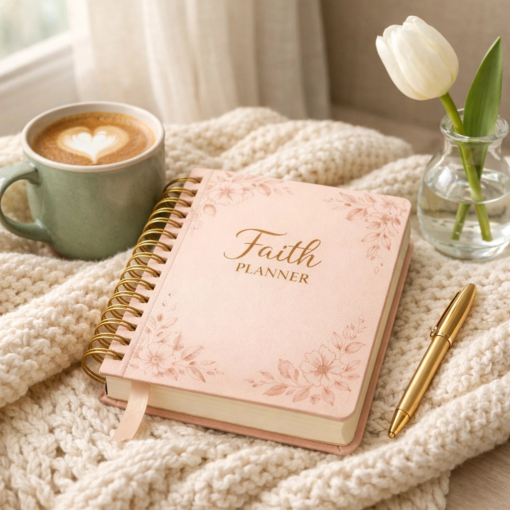 Stop Counting Pennies: Why You Only Need One Approval for Your God-Given Calling 8 Detailed view of a faith-based planner and coffee in a peaceful prayer nook for spiritual focus.