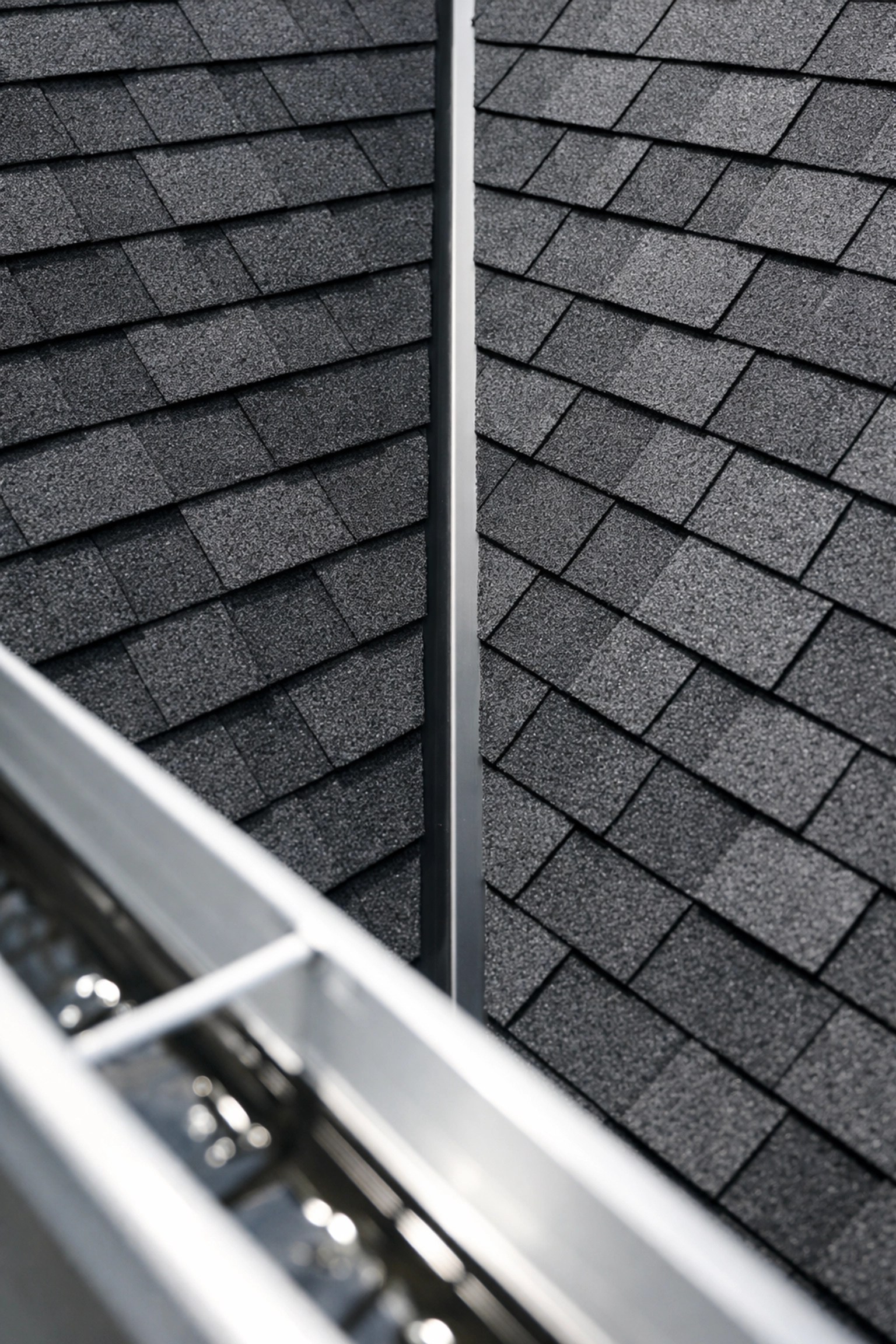 Close-up of clean roof valleys and clear gutters on a North Georgia home to prevent water damage.